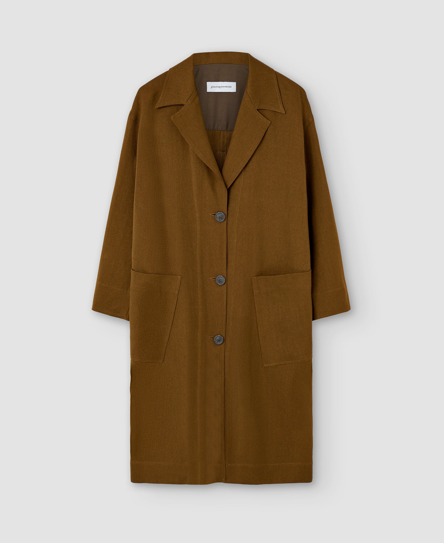 Women Coat | Tobacco Linen Twill Long Coat by Spanish designer Adolfo Dominguez