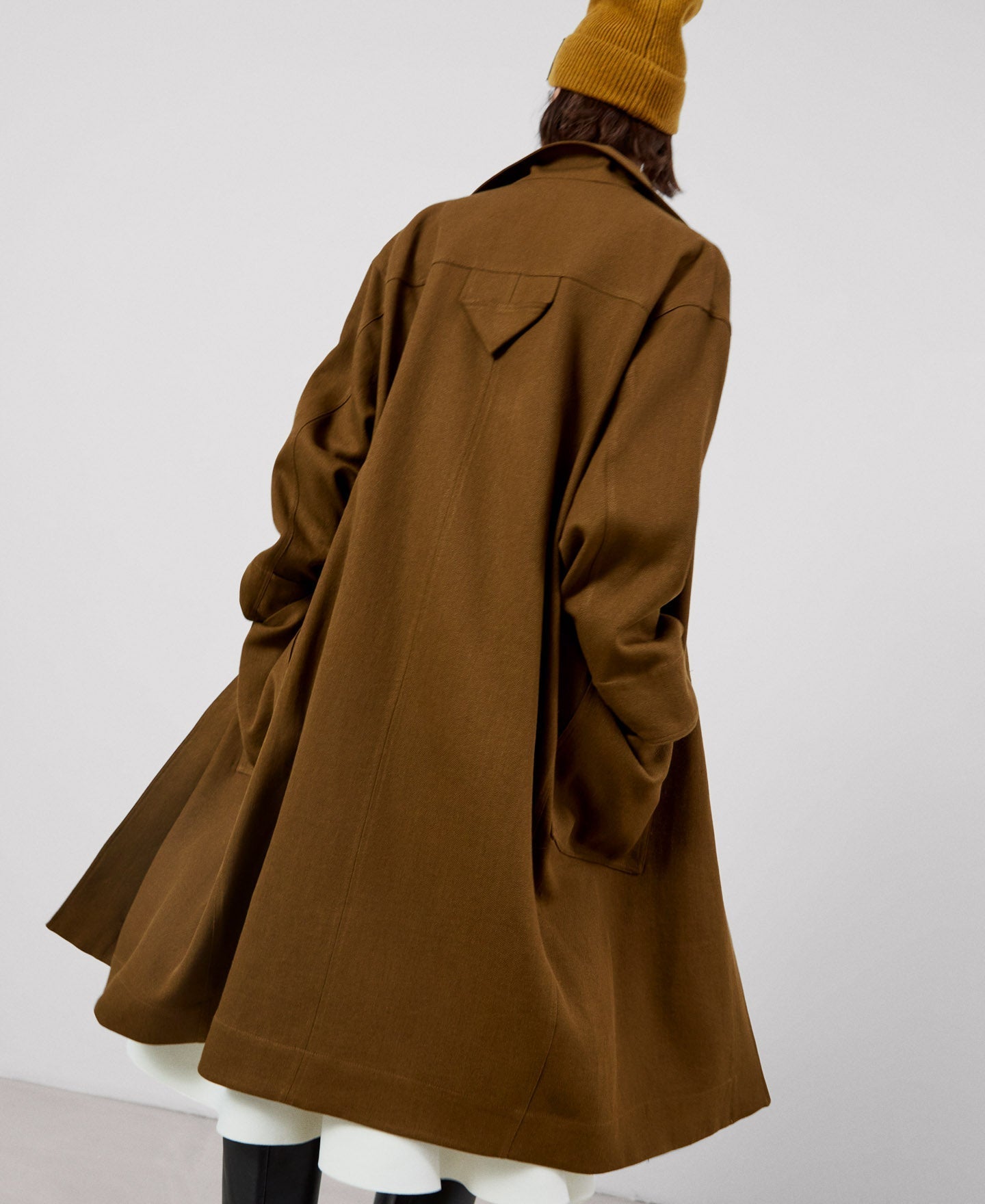 Women Coat | Tobacco Linen Twill Long Coat by Spanish designer Adolfo Dominguez