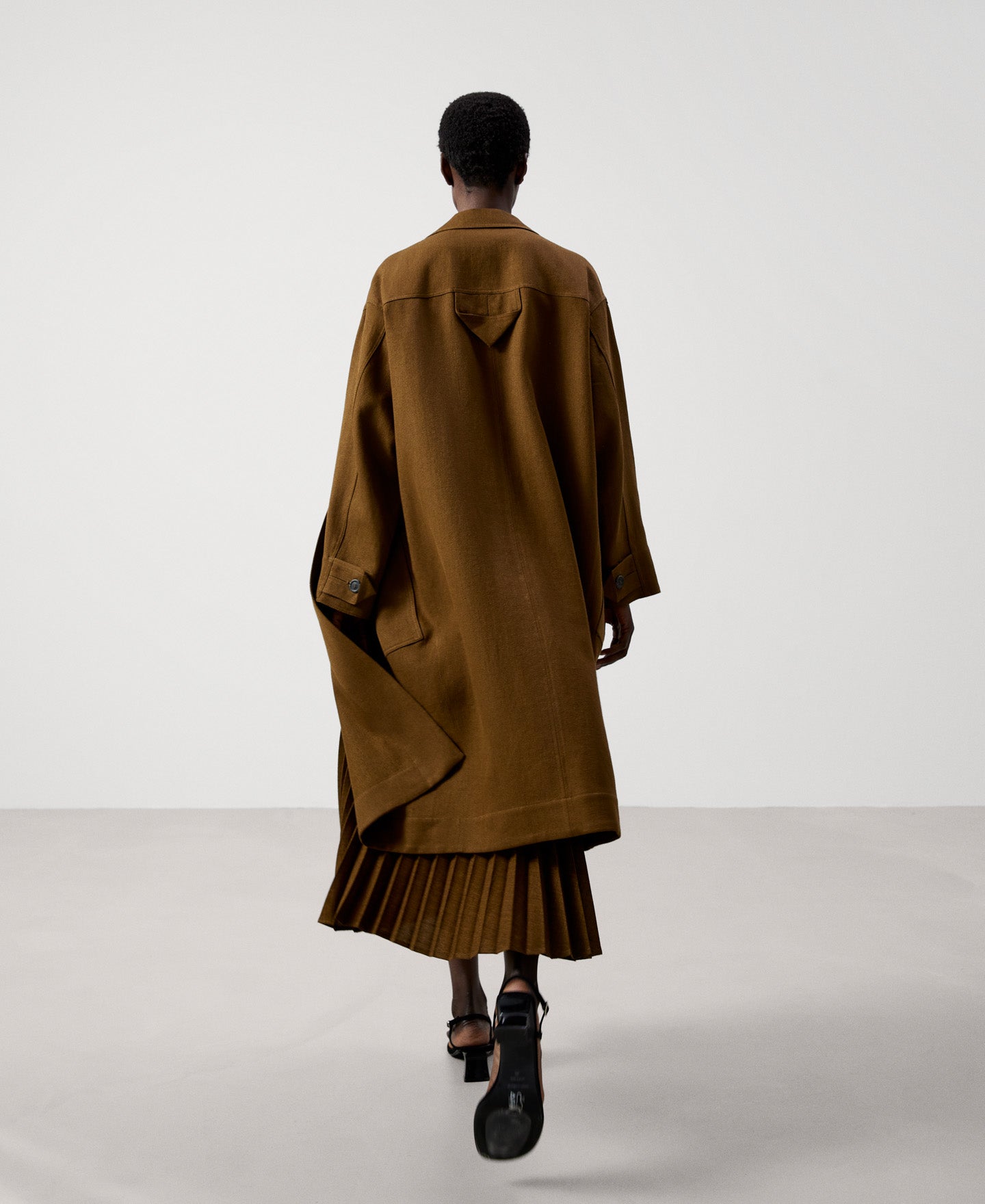 Women Coat | Tobacco Linen Twill Long Coat by Spanish designer Adolfo Dominguez