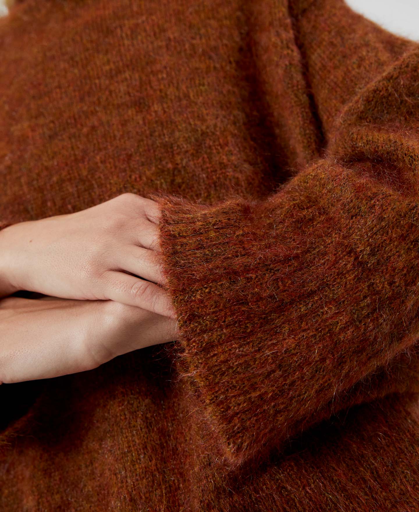 Women Jersey | Tobacco Mohair Funnel Collar Sweater by Spanish designer Adolfo Dominguez
