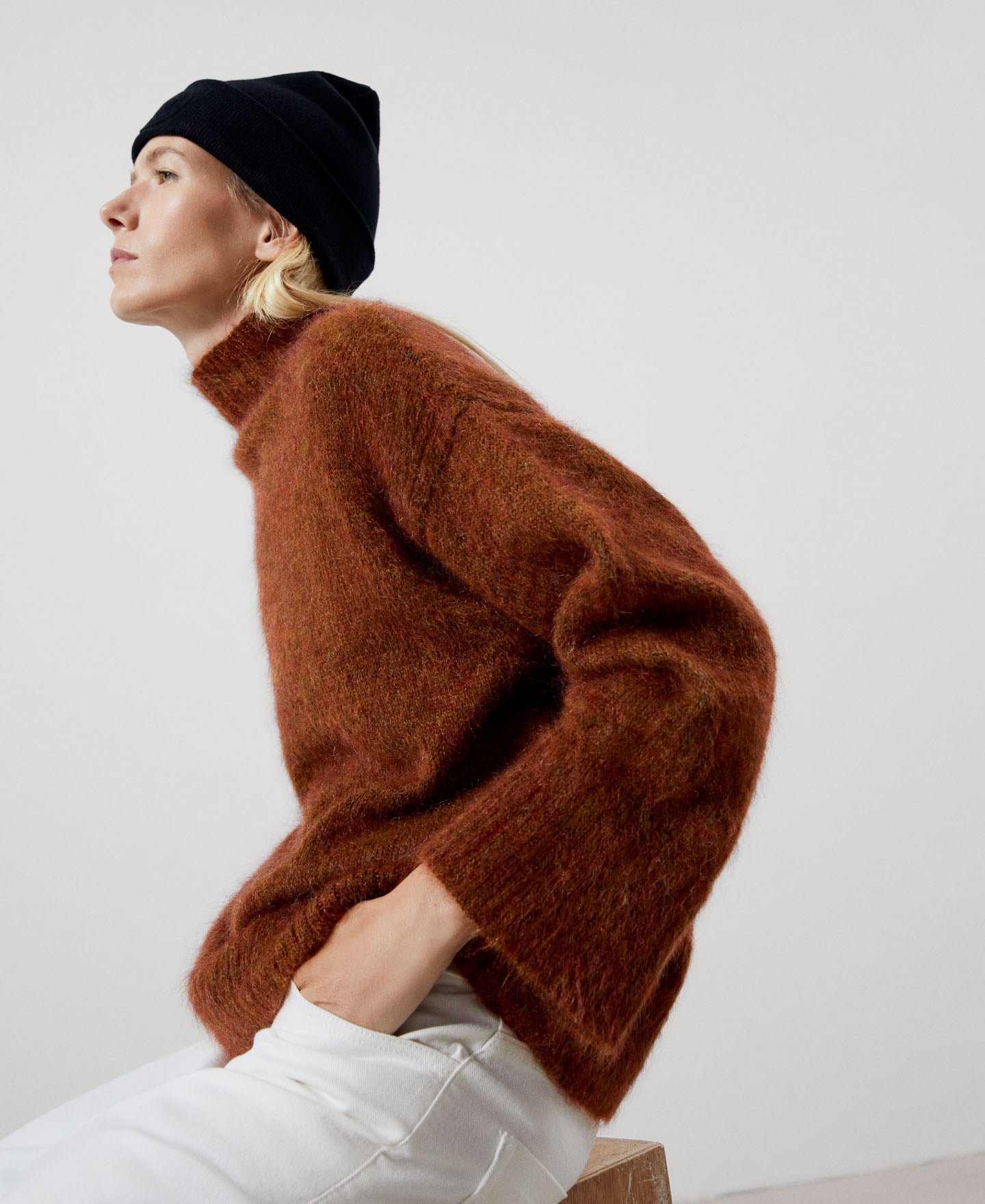 Women Jersey | Tobacco Mohair Funnel Collar Sweater by Spanish designer Adolfo Dominguez