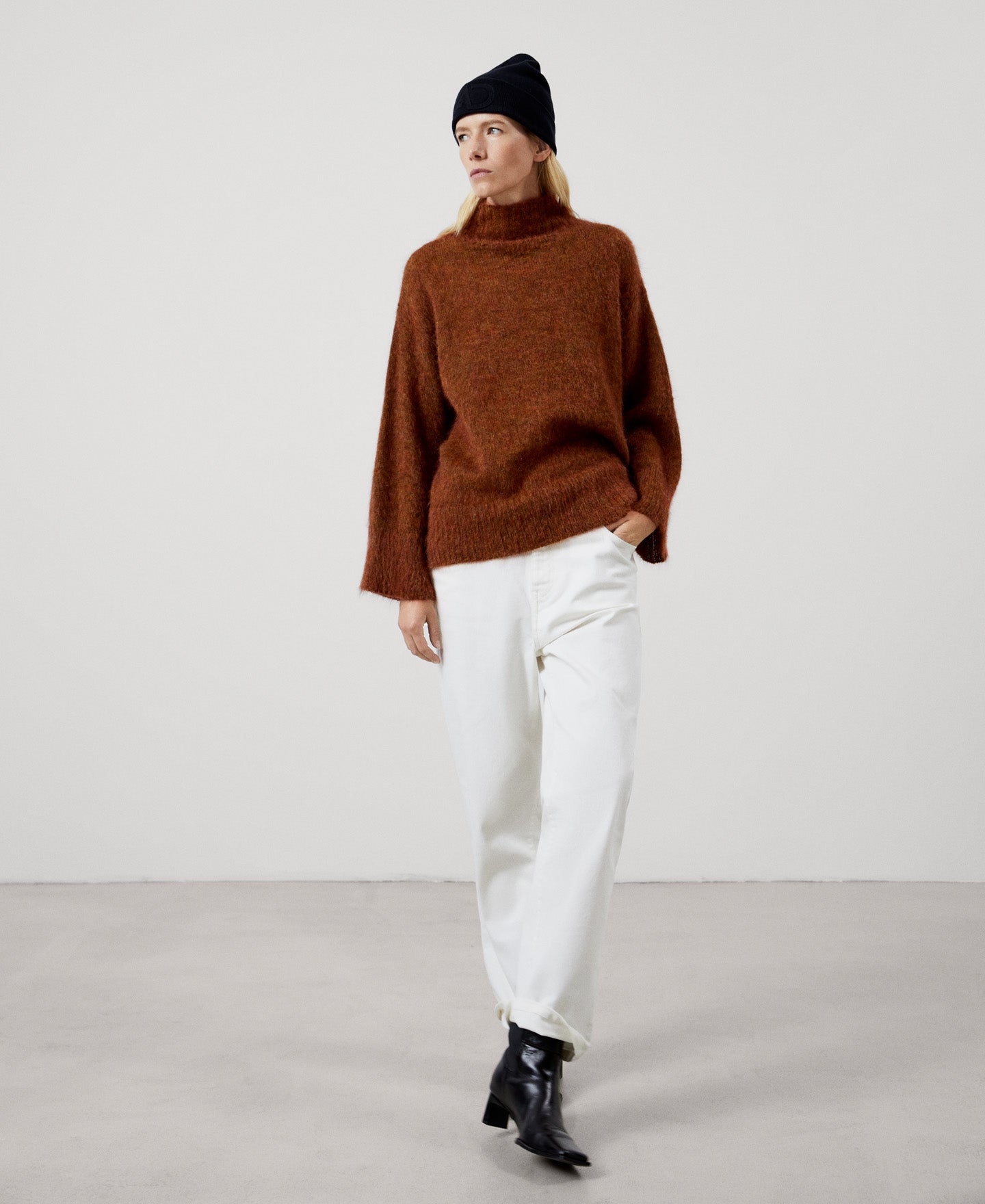 Women Jersey | Tobacco Mohair Funnel Collar Sweater by Spanish designer Adolfo Dominguez
