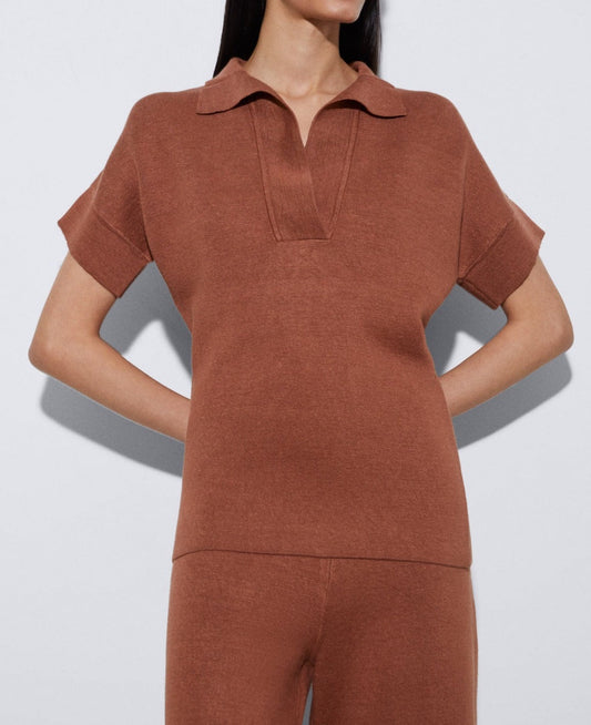 Women Jersey | Tobacco Short Sleeve Linen Sweater by Spanish designer Adolfo Dominguez