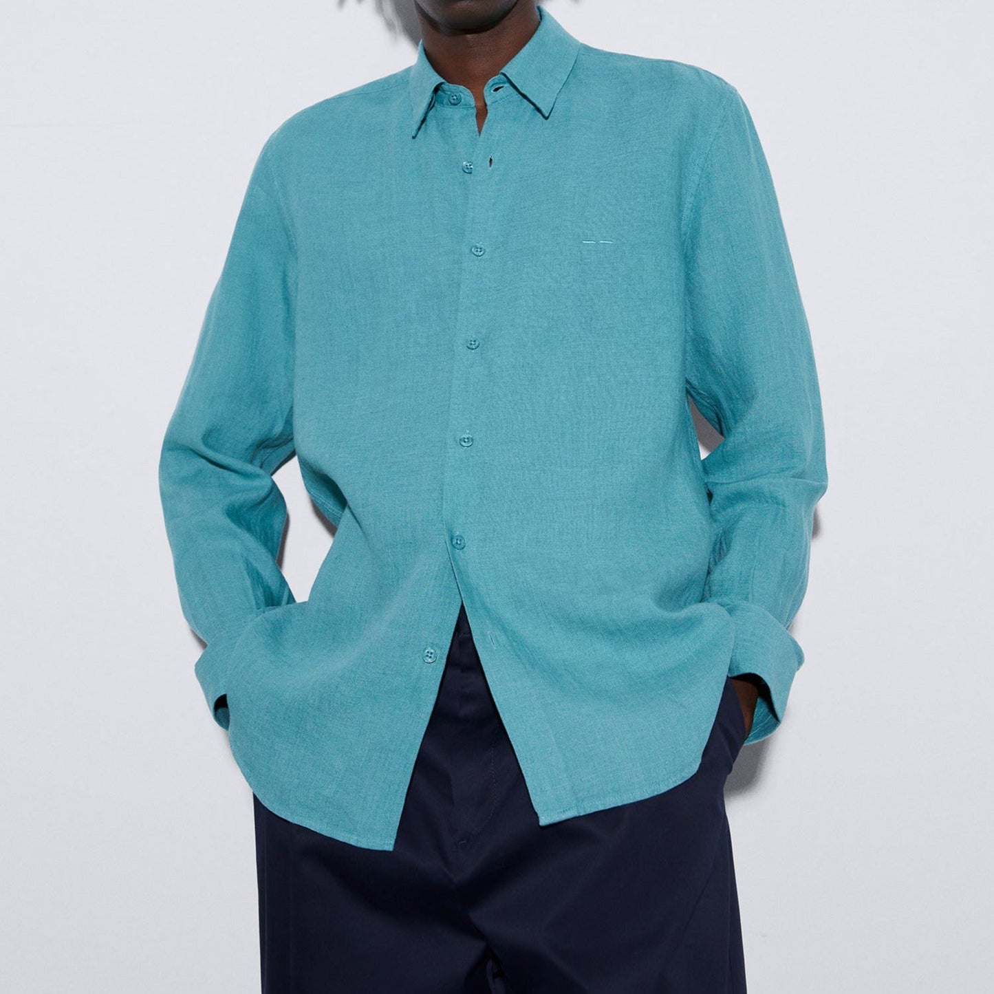 Men Shirt | Topazblue 100% Linen Lapel Collar Shirt by Spanish designer Adolfo Dominguez