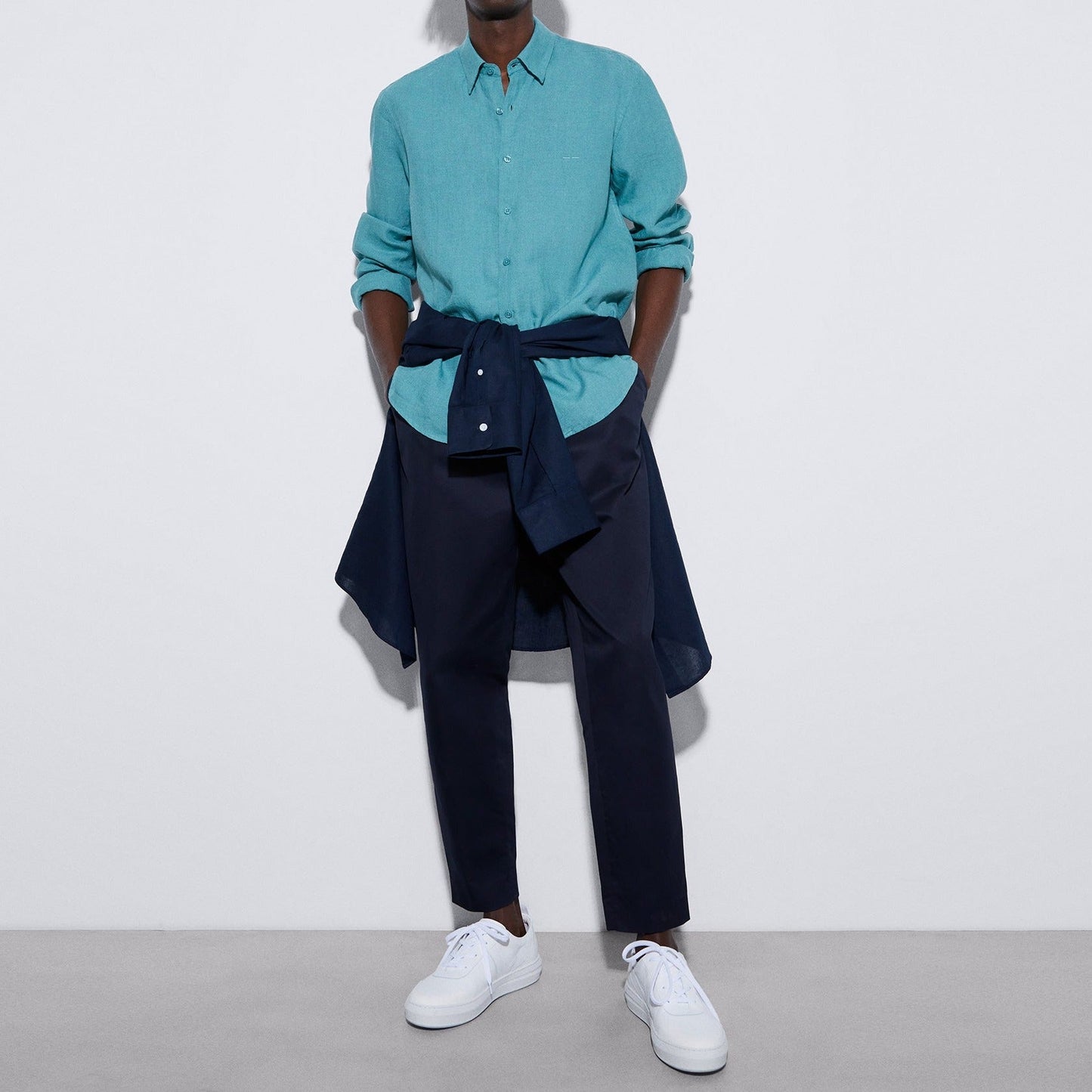 Men Shirt | Topazblue 100% Linen Lapel Collar Shirt by Spanish designer Adolfo Dominguez