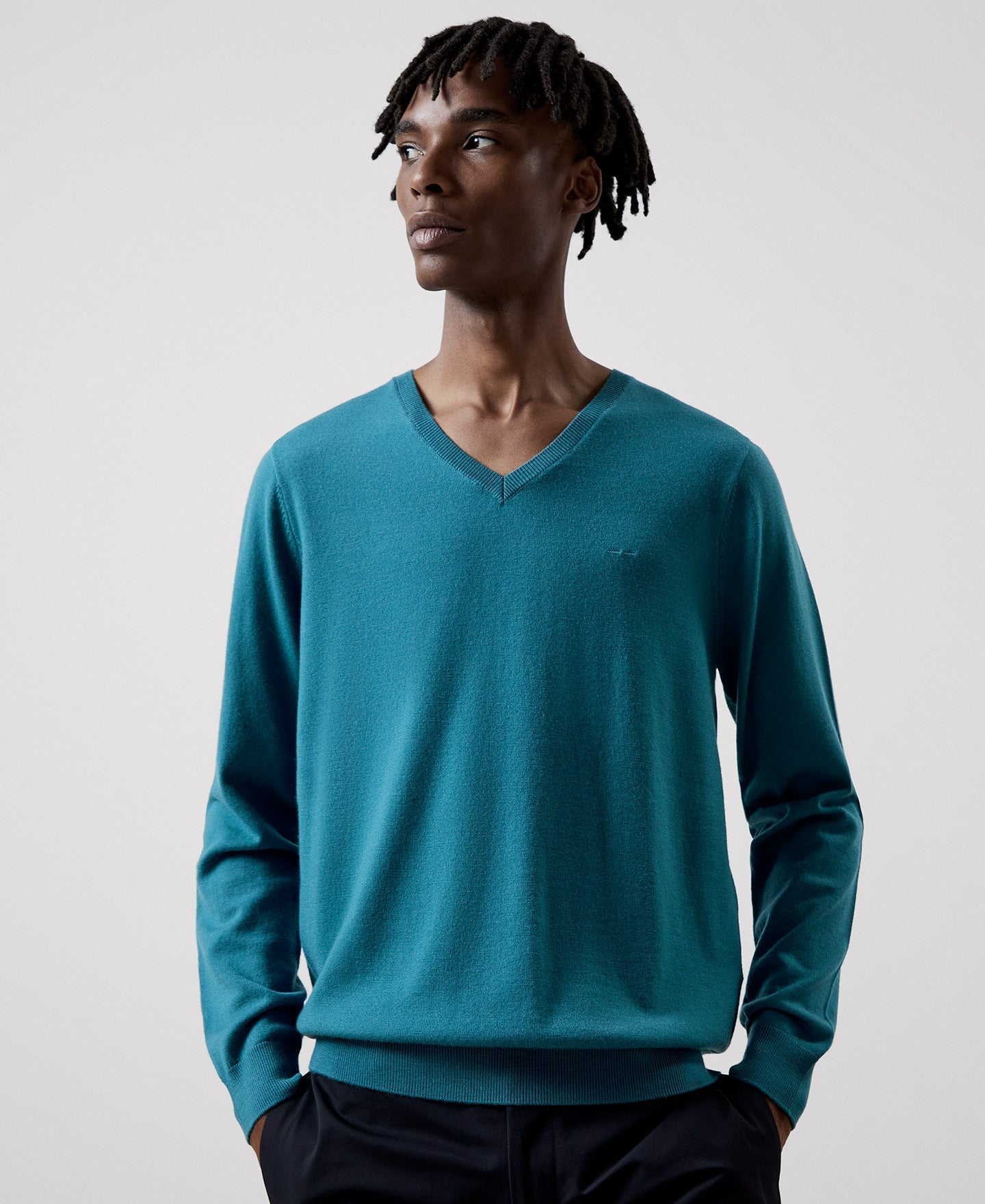 Men Jersey | Turquoise Merino Wool V-Neck Sweater by Spanish designer Adolfo Dominguez