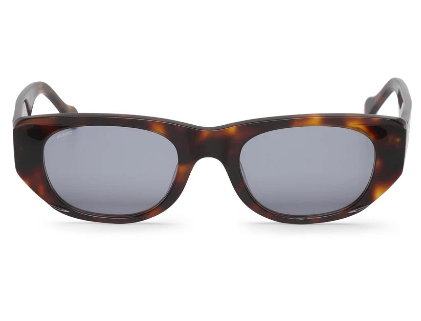 Rectangle with cat eye framed sunglasses in tortoiseshell with white accents and dark lenses