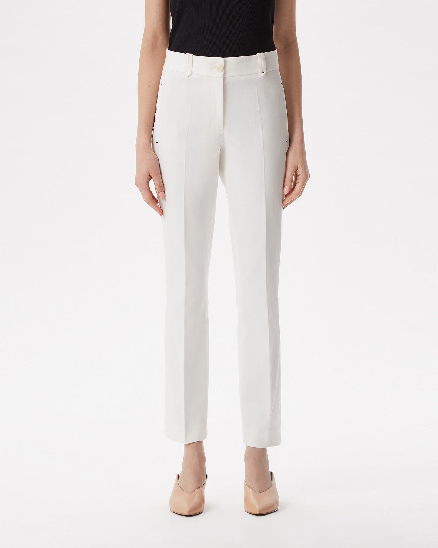 Women Trousers | White Ankle Length Elastic Trousers by Spanish designer Adolfo Dominguez