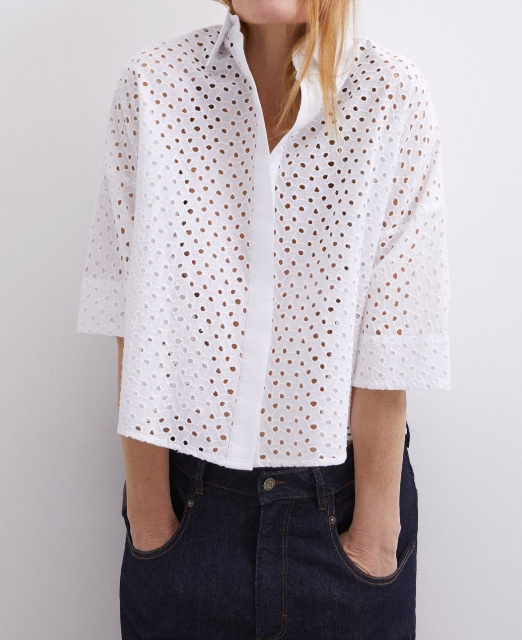 Women Shirt | White Cotton Die-Cut Shirt by Spanish designer Adolfo Dominguez