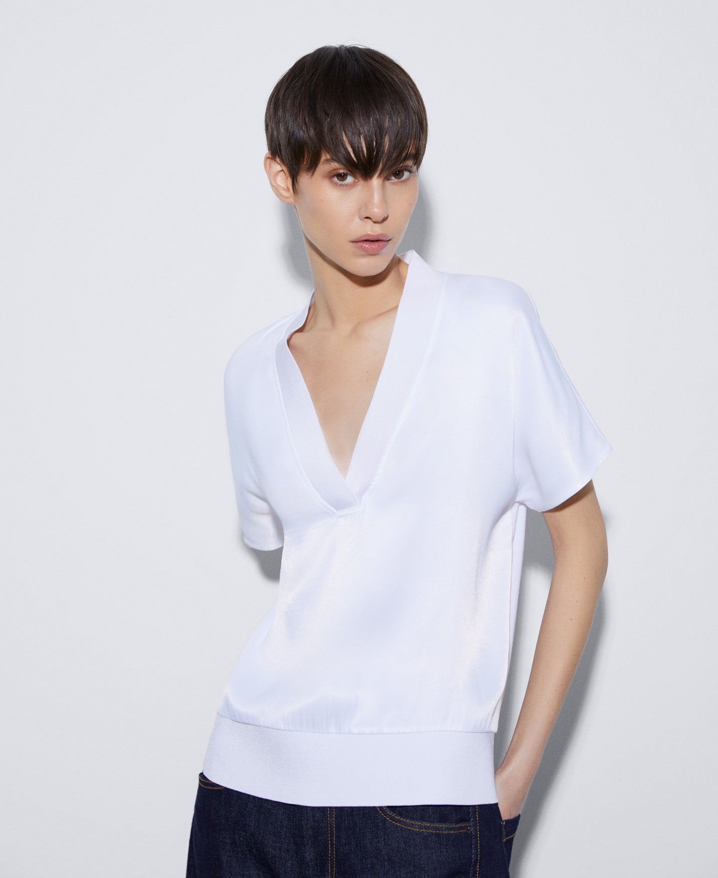Women T-Shirt (Short Sleeve) | White Elasticated Waistband Viscose T-Shirt by Spanish designer Adolfo Dominguez