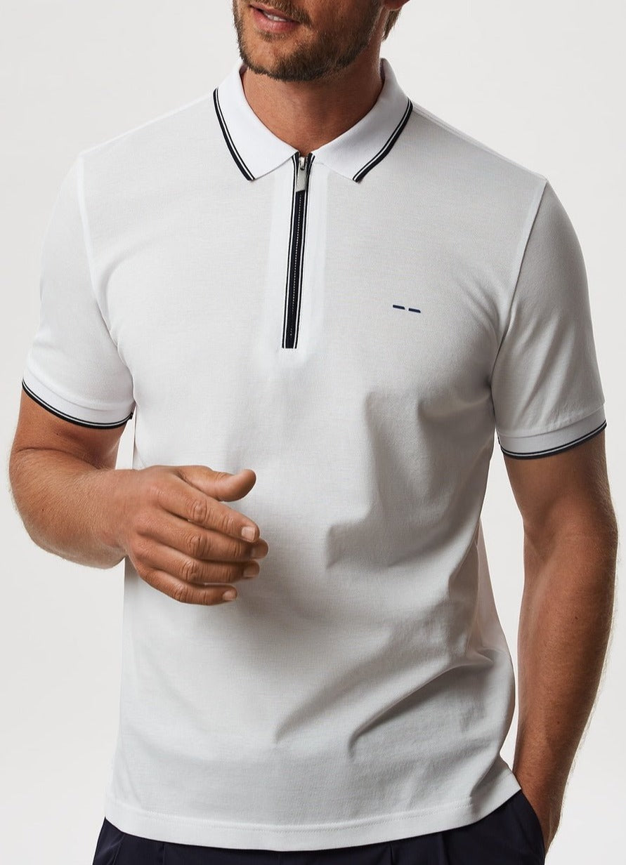 Men Polo | White Mercerised Cotton Polo Shirt With Zipper by Spanish designer Adolfo Dominguez
