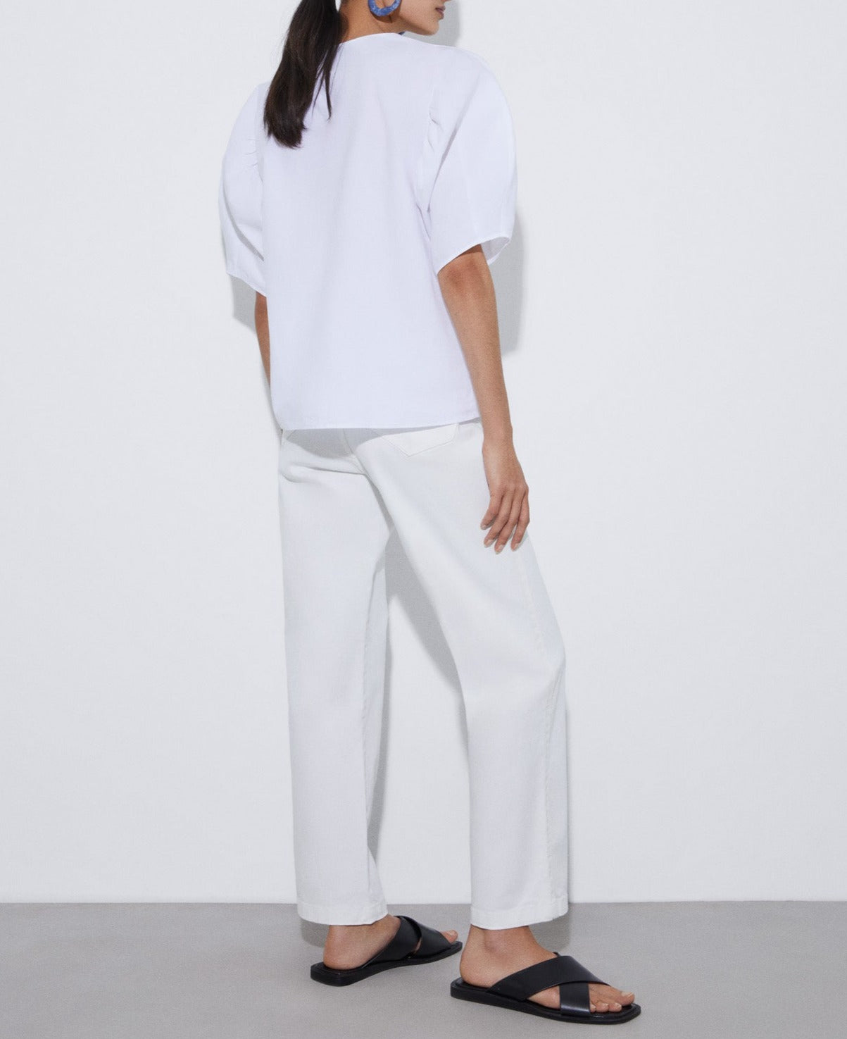 Women Short Sleeved Shirt | White Puffed Sleeve Blouse In Cotton by Spanish designer Adolfo Dominguez