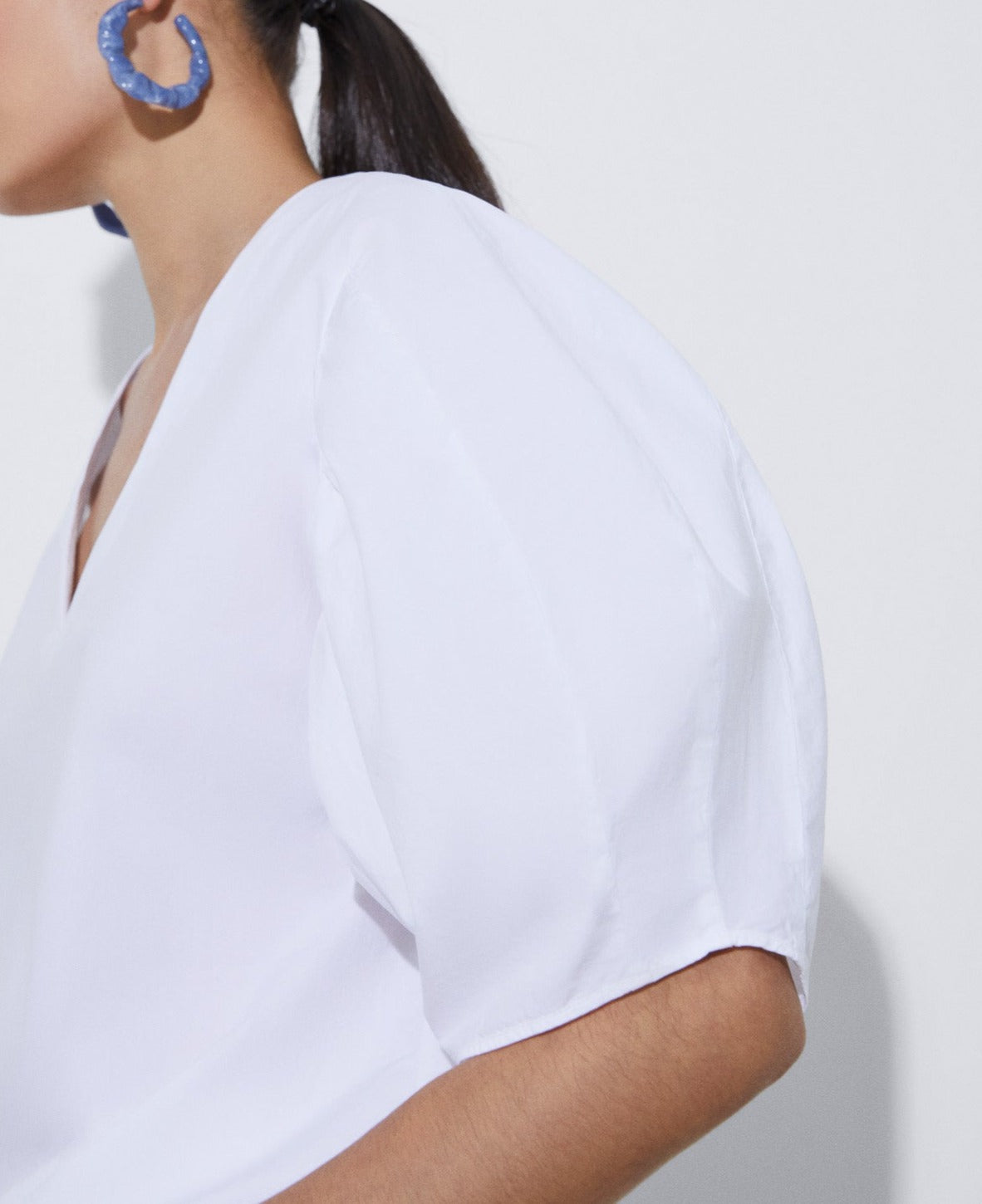 Women Short Sleeved Shirt | White Puffed Sleeve Blouse In Cotton by Spanish designer Adolfo Dominguez