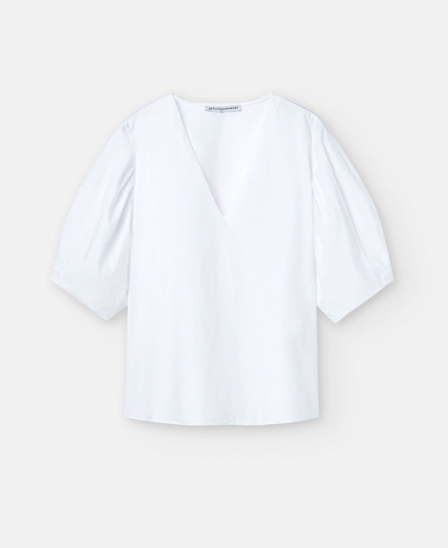 Women Short Sleeved Shirt | White Puffed Sleeve Blouse In Cotton by Spanish designer Adolfo Dominguez