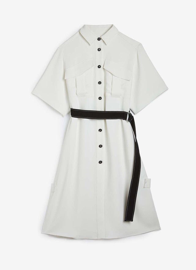 Women Dress | White Safari Jacket Style Dress With Belt by Spanish designer Adolfo Dominguez