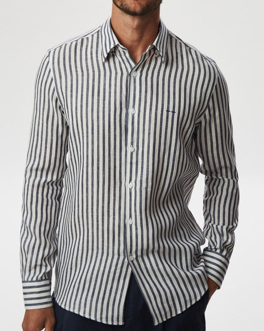 Men Shirt | White Stripe/Blue Striped Linen Shirt by Spanish designer Adolfo Dominguez