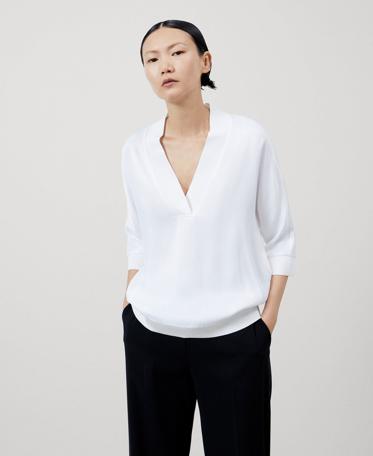 Women Long-Sleeve T-Shirt | White Viscose V-Neckline Blouse by Spanish designer Adolfo Dominguez