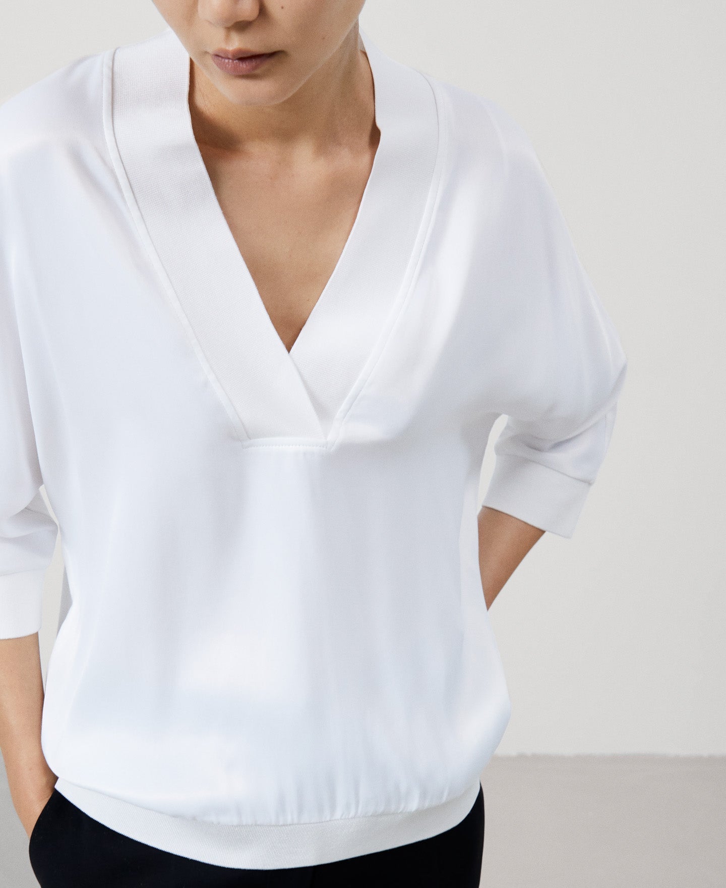 Women Long-Sleeve T-Shirt | White Viscose V-Neckline Blouse by Spanish designer Adolfo Dominguez