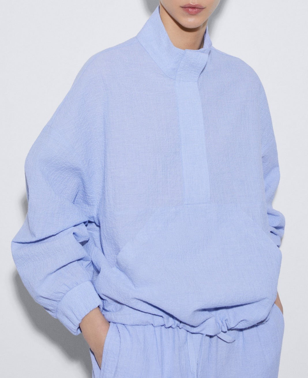 Women Structured Jacket | White/Blue Responsible Cotton Seersucker Sweatshirt by Spanish designer Adolfo Dominguez
