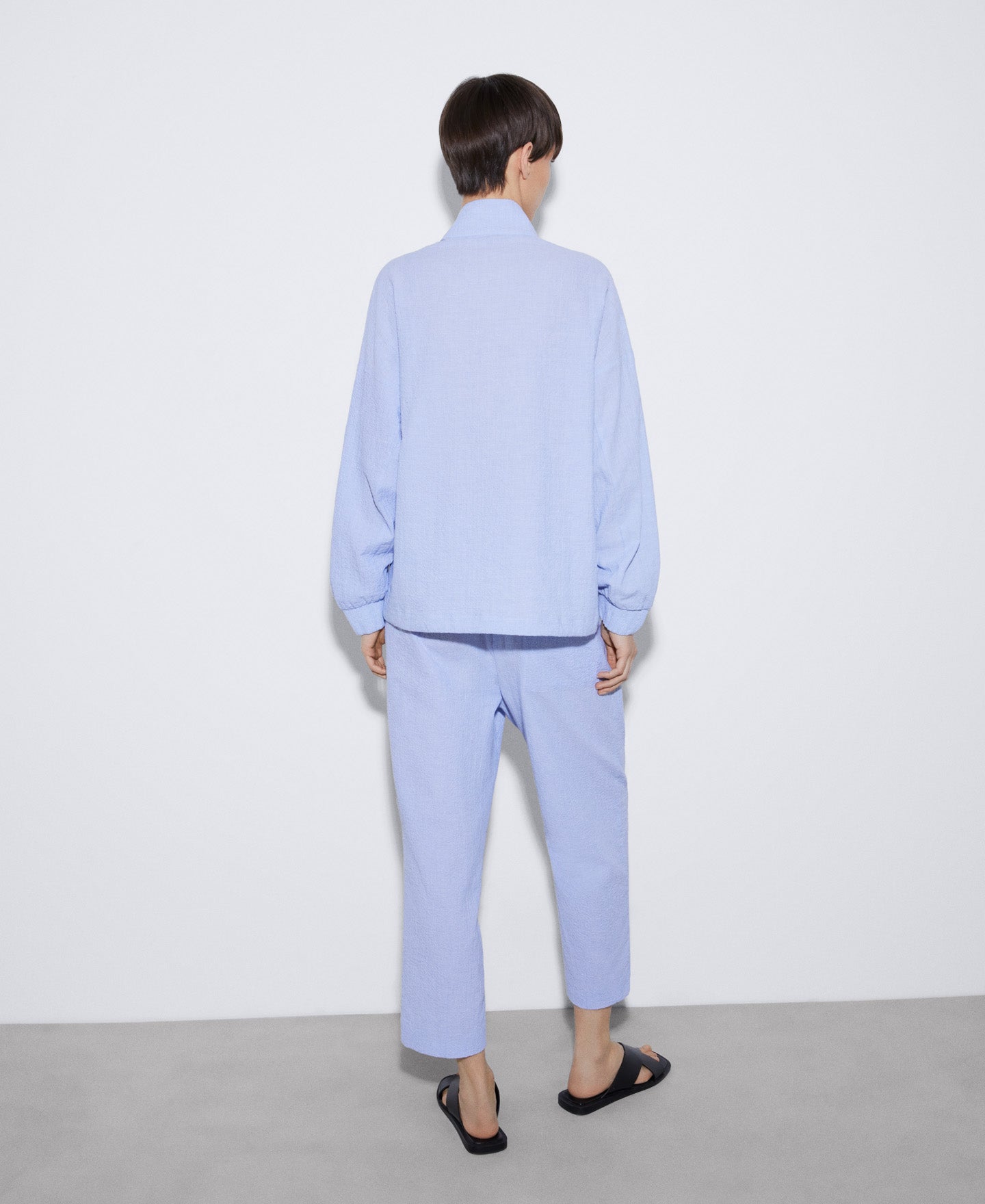 Women Structured Jacket | White/Blue Responsible Cotton Seersucker Sweatshirt by Spanish designer Adolfo Dominguez