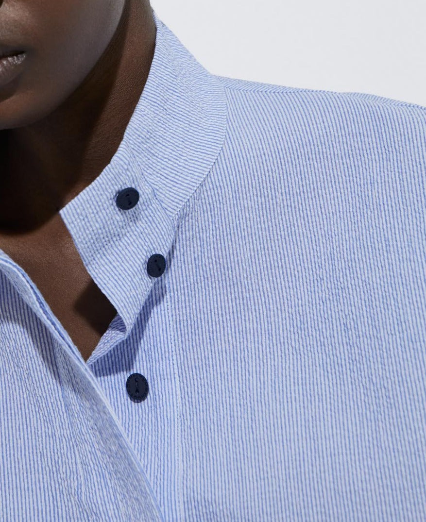 Women Short Sleeved Shirt | White/Blue Stripe Cotton Seersucker Shirt by Spanish designer Adolfo Dominguez