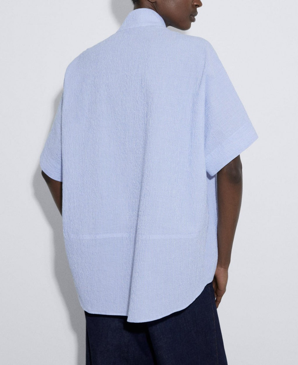 Women Short Sleeved Shirt | White/Blue Stripe Cotton Seersucker Shirt by Spanish designer Adolfo Dominguez