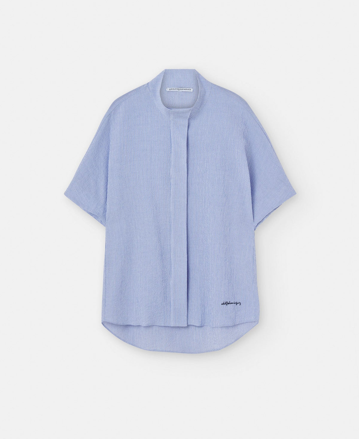 Women Short Sleeved Shirt | White/Blue Stripe Cotton Seersucker Shirt by Spanish designer Adolfo Dominguez