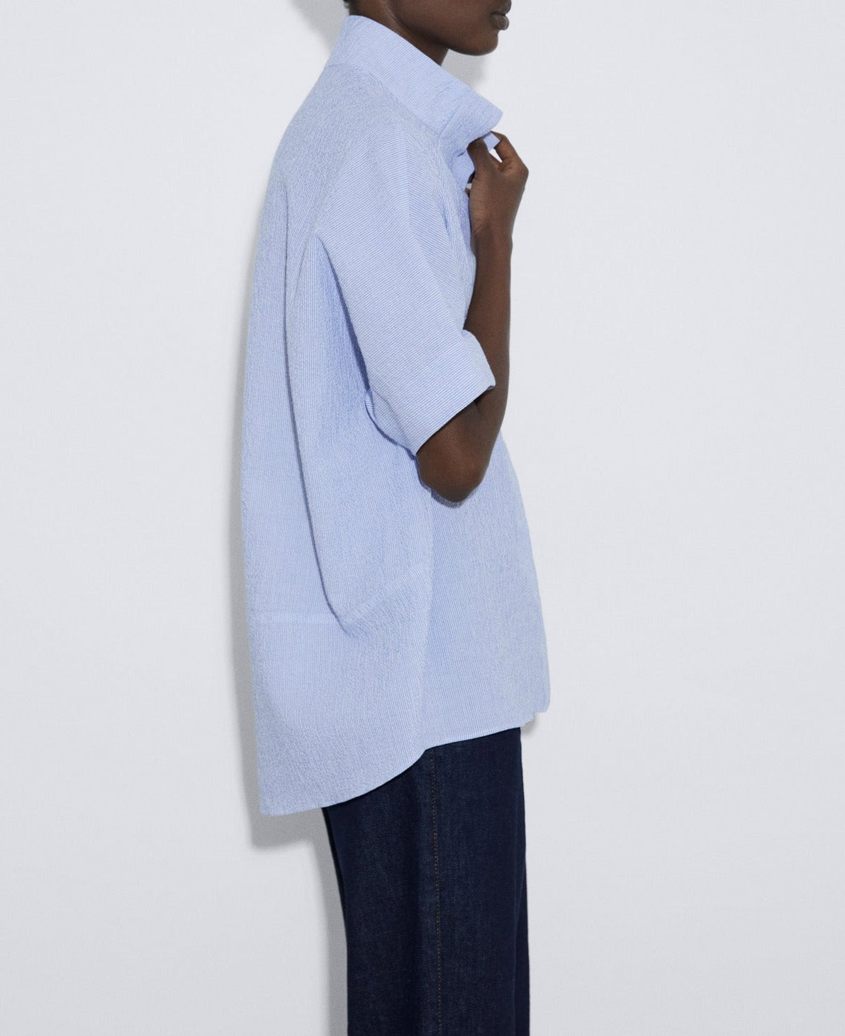 Women Short Sleeved Shirt | White/Blue Stripe Cotton Seersucker Shirt by Spanish designer Adolfo Dominguez