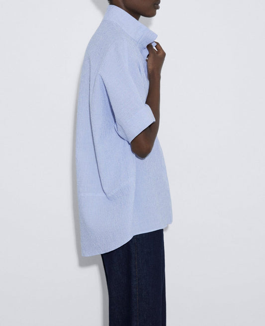 Women Short Sleeved Shirt | White/Blue Stripe Cotton Seersucker Shirt by Spanish designer Adolfo Dominguez