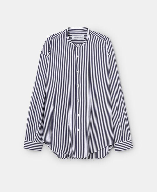 Men Shirt | White/Blue Stripe Mandarin Collar Sailor Stripe Shirt by Spanish designer Adolfo Dominguez