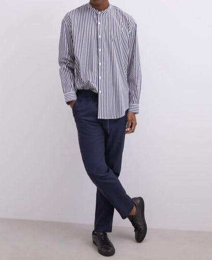Men Shirt | White/Blue Stripe Mandarin Collar Sailor Stripe Shirt by Spanish designer Adolfo Dominguez