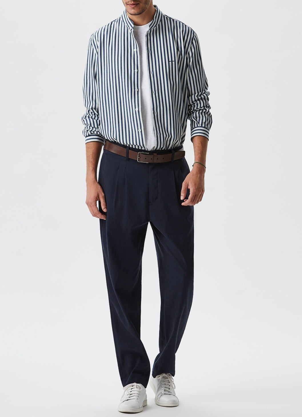 Men Shirt | White/Blue Stripe Striped Mandarin Collar Shirt by Spanish designer Adolfo Dominguez