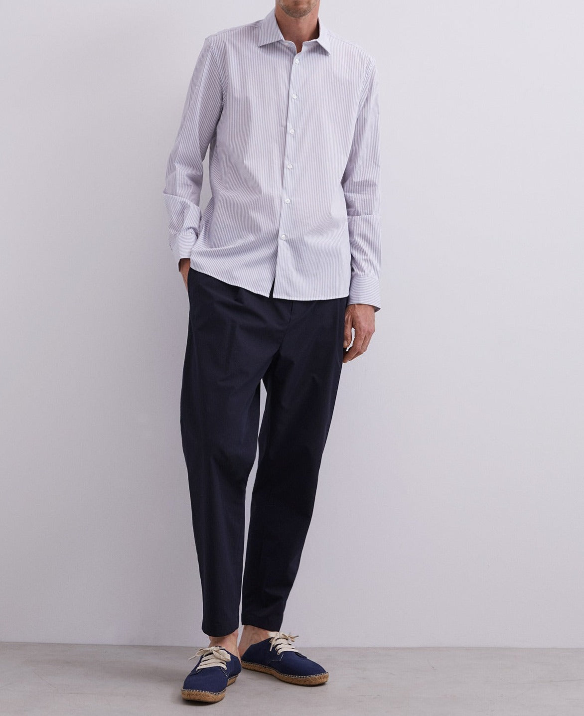 Men Long-Sleeve Shirt | White/Blue Stripe Stripes Cotton Shirt by Spanish designer Adolfo Dominguez