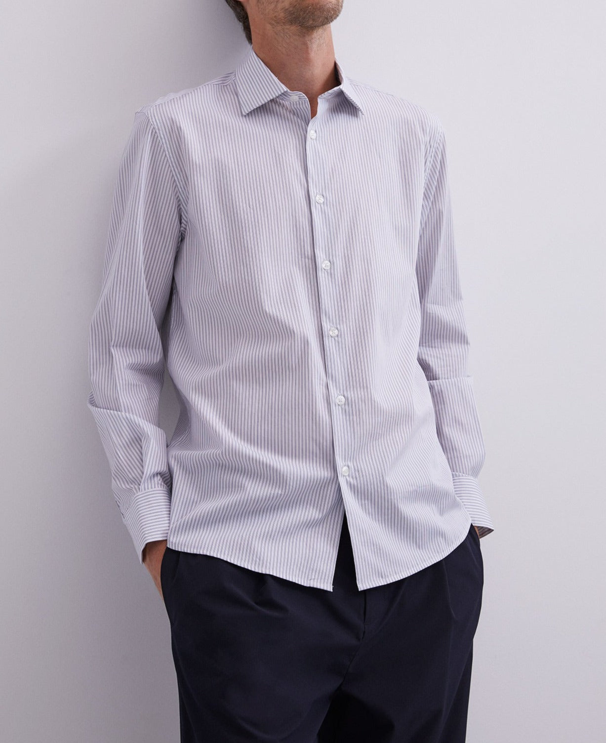 Men Long-Sleeve Shirt | White/Blue Stripe Stripes Cotton Shirt by Spanish designer Adolfo Dominguez