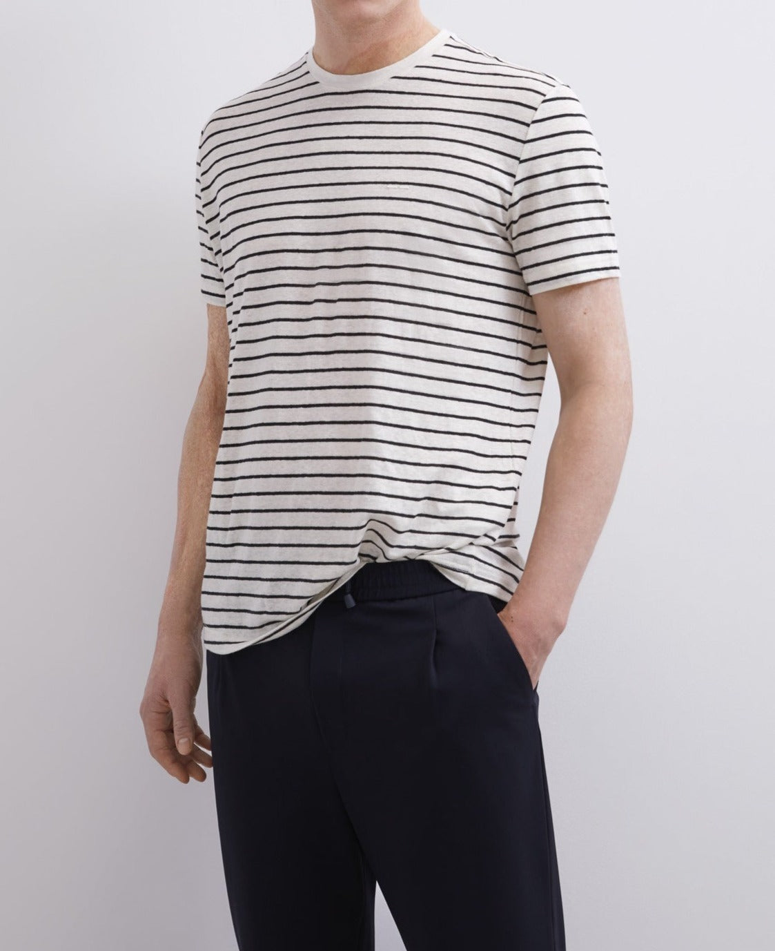 Men T-Shirt (Short Sleeve) | White/Blue Stripe White Linen Striped T-Shirt by Spanish designer Adolfo Dominguez