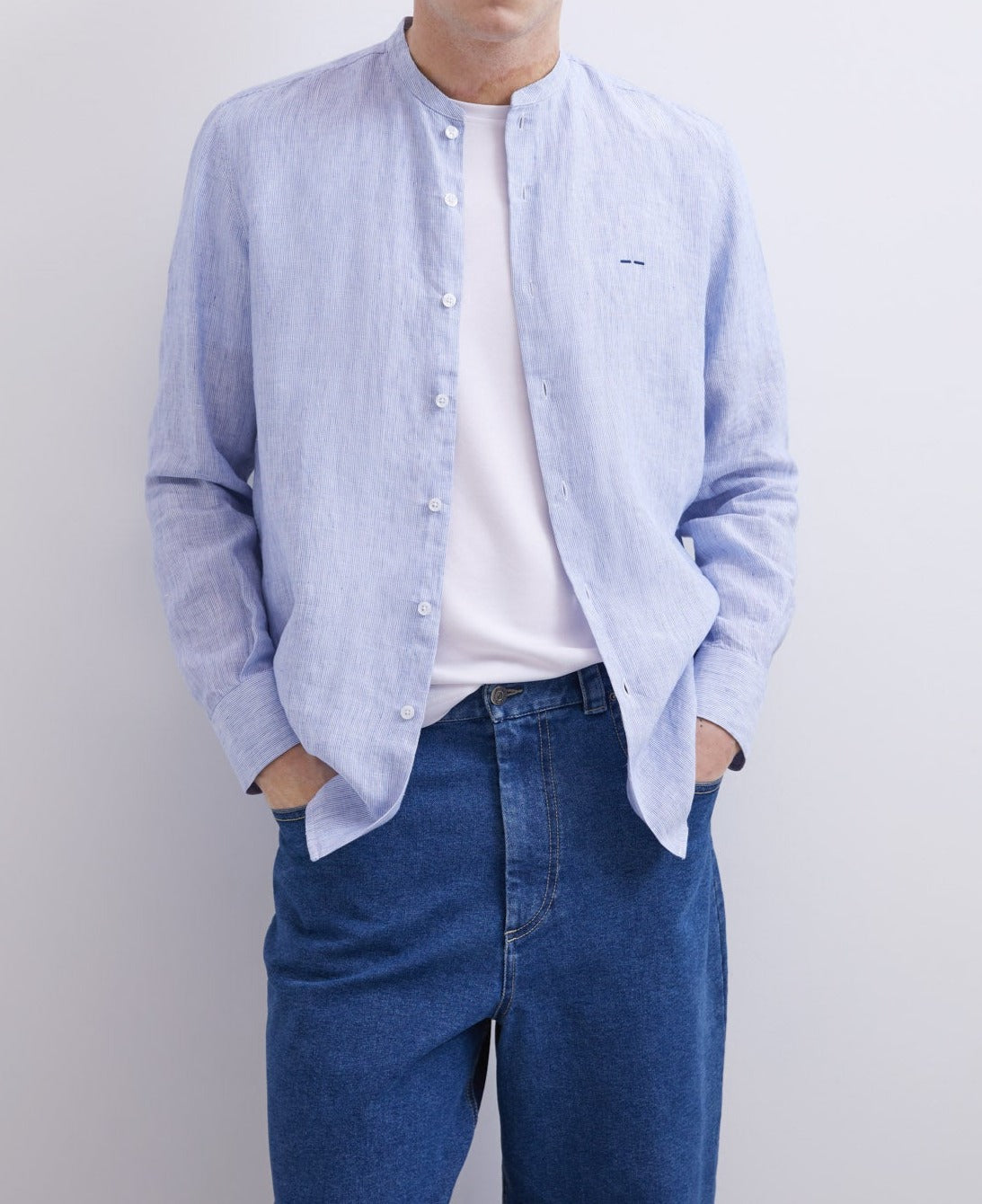 Men Shirt | White/Sky Blue Striped Shirt With Mao Collar In Linen by Spanish designer Adolfo Dominguez