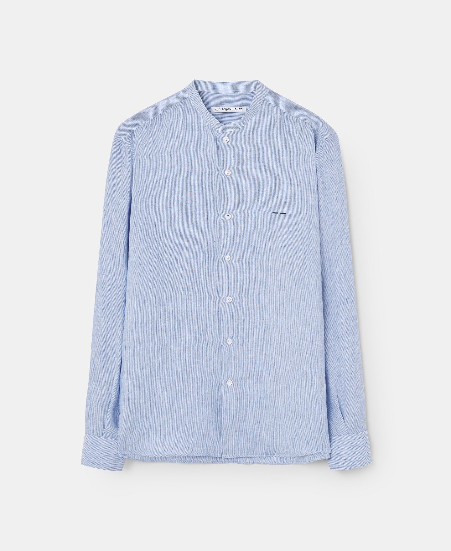Men Shirt | White/Sky Blue Striped Shirt With Mao Collar In Linen by Spanish designer Adolfo Dominguez