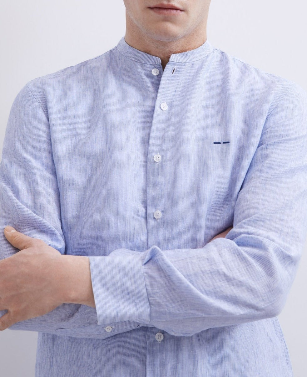 Men Shirt | White/Sky Blue Striped Shirt With Mao Collar In Linen by Spanish designer Adolfo Dominguez