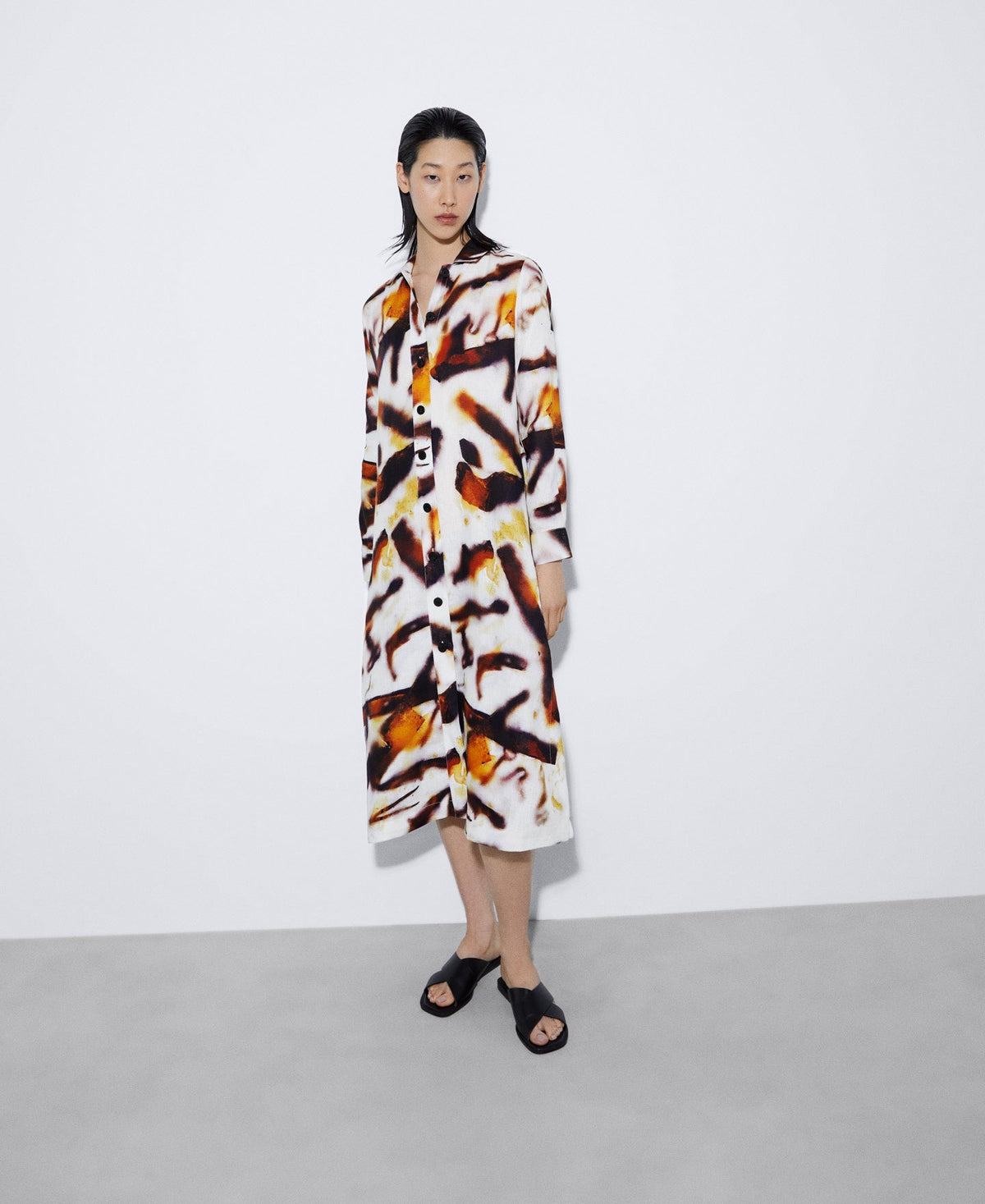 Women Dress | Yellow Print European Linen Shirt Dress by Spanish designer Adolfo Dominguez