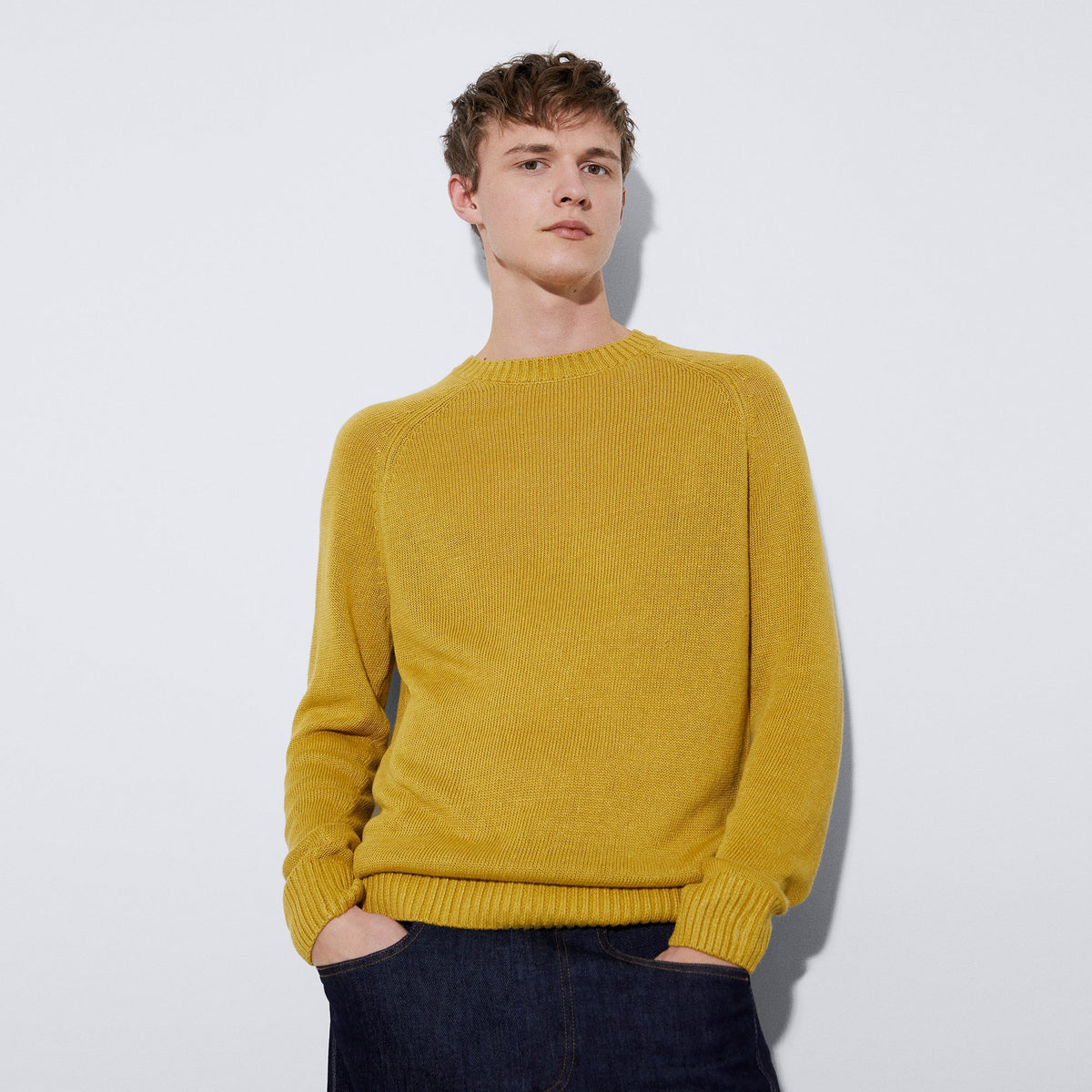 Men Jersey | Yellow Turmeric Linen And Viscose Fluid Sweater by Spanish designer Adolfo Dominguez