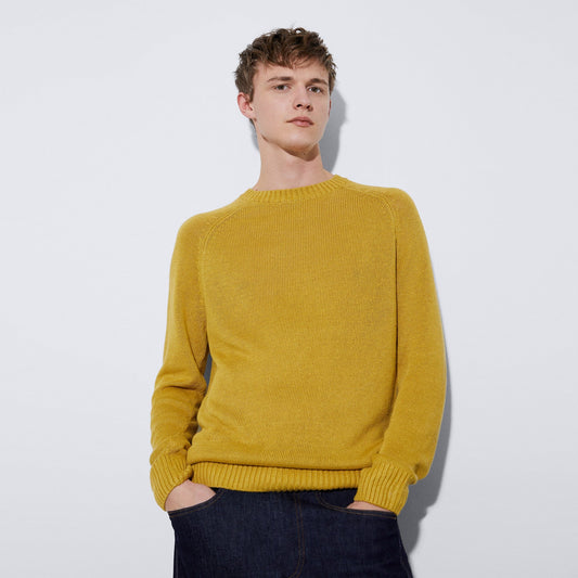 Men Jersey | Yellow Turmeric Linen And Viscose Fluid Sweater by Spanish designer Adolfo Dominguez