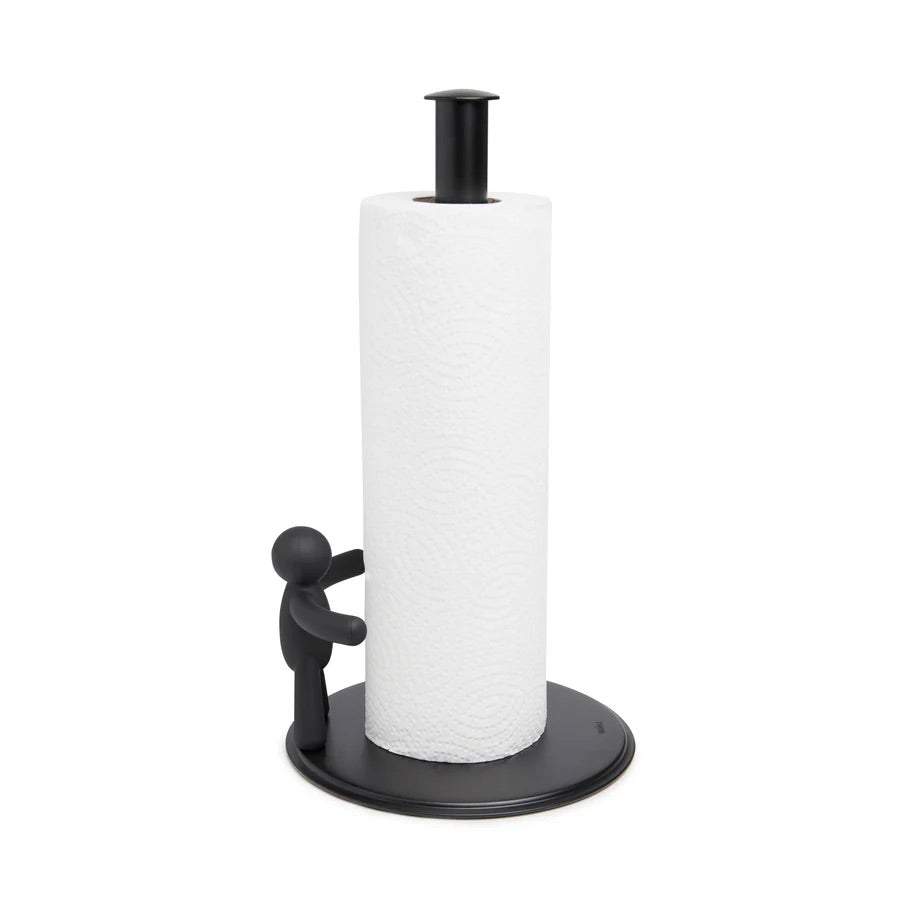 Black paper towel holder with small human holding it