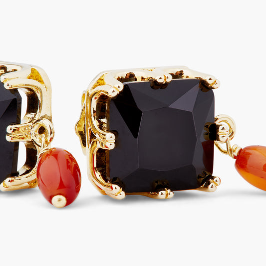 Black Square Stone And Bead Earrings