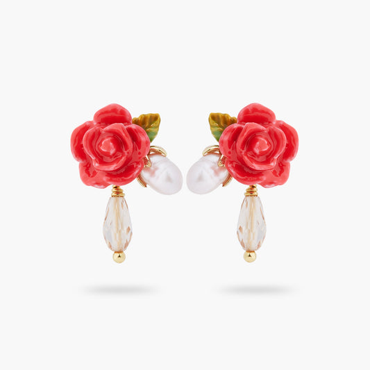 Rose, Cultured Pearl And Crystal Drop Earrings