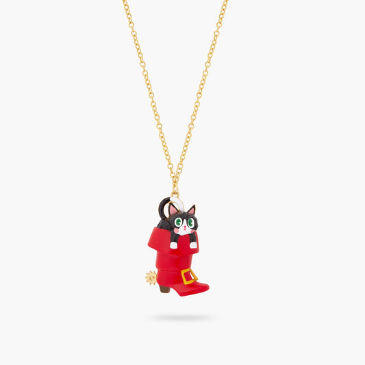 Charming Cat In A Red Boot Pendant Necklace