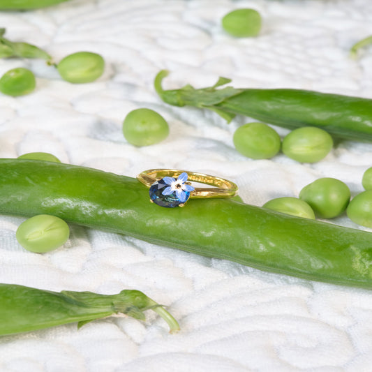 Blue Flower And Round Faceted Crystal Adjustable Ring