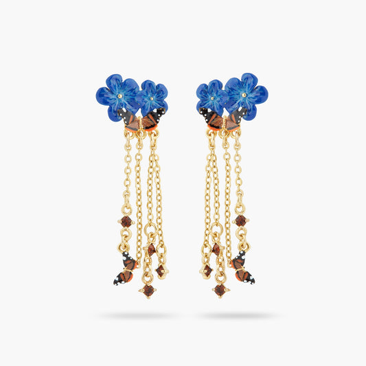 Blue Flax Flowers And Butterfly Dangling Earrings