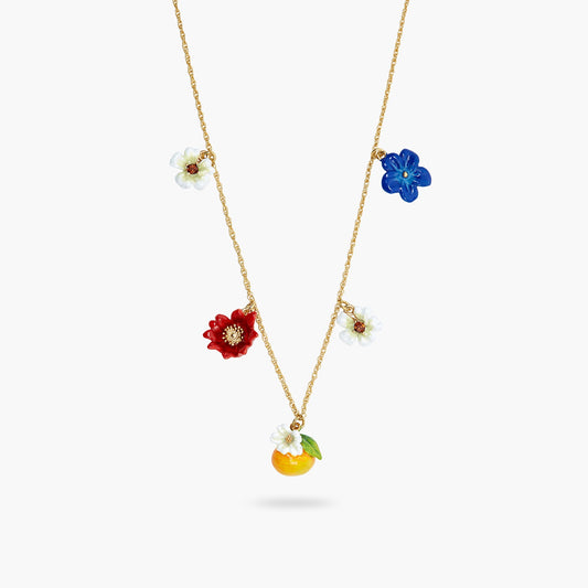 Blue, White And Red Flowers, Clementine And Butterfly Charm Necklace