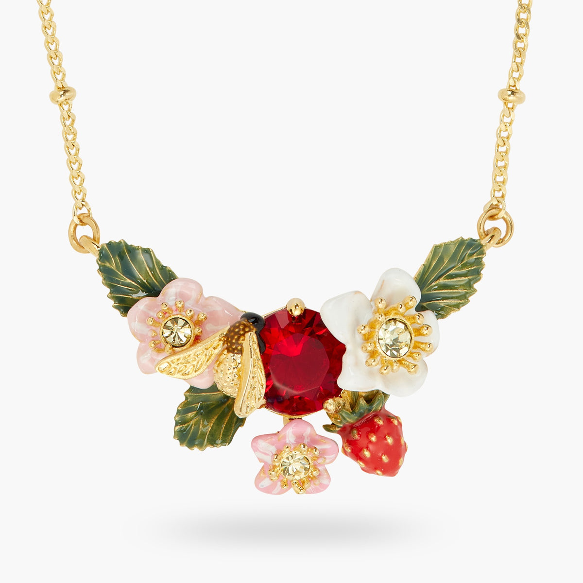 Wild Strawberry, Strawberry Flower And Bumblebee Statement Necklace | ATBG3021