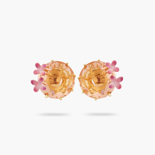 Apricot Pink Diamantine Flower And Round Stone Sleeper Earrings